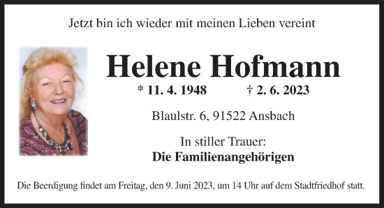 Traueranzeige von Helene Hofmann von Ansbach