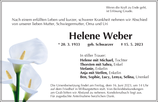 Traueranzeige von Helene Weber von Dinkelsbühl/ Feuchtwangen