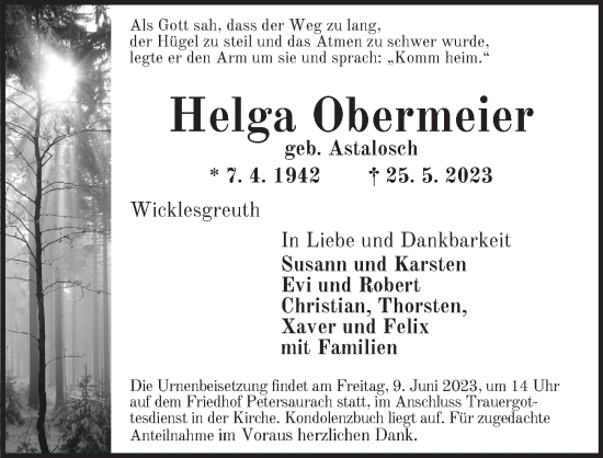 Traueranzeige von Helga Obermeier von Ansbach