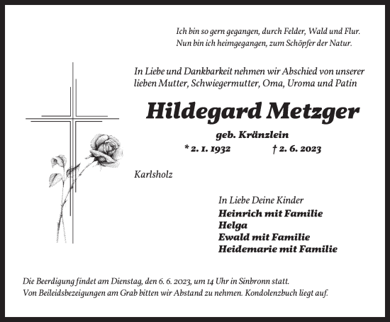 Traueranzeige von Hildegard Metzger von Dinkelsbühl/ Feuchtwangen