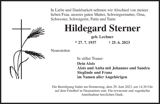 Traueranzeige von Hildegard Sterner von Ansbach