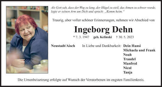 Traueranzeige von Ingeborg Dehn von Neustadt/ Scheinfeld/ Uffenheim