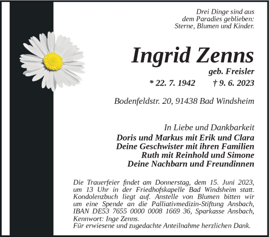 Traueranzeige von Ingrid Zenns von Neustadt/ Scheinfeld/ Uffenheim