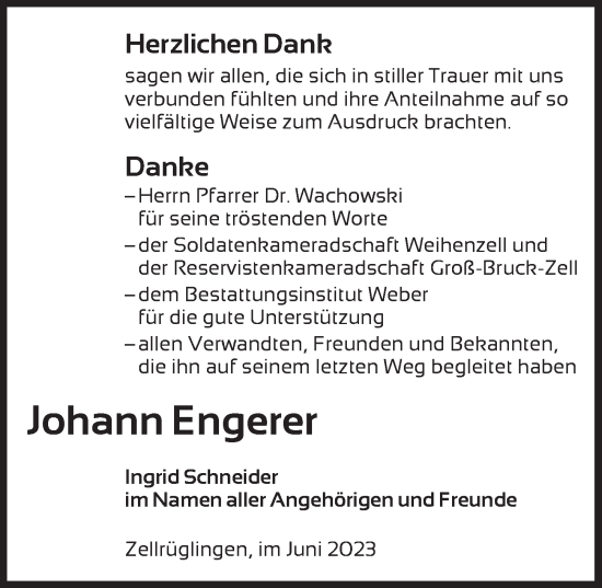 Traueranzeige von Johann Engerer von Ansbach