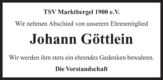 Traueranzeige von Johann Göttlein von Neustadt/ Scheinfeld/ Uffenheim