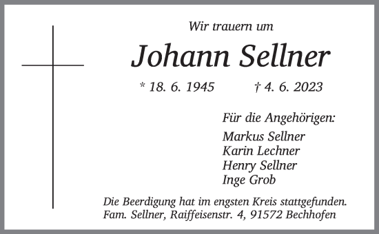 Traueranzeige von Johann Sellner von Dinkelsbühl/ Feuchtwangen