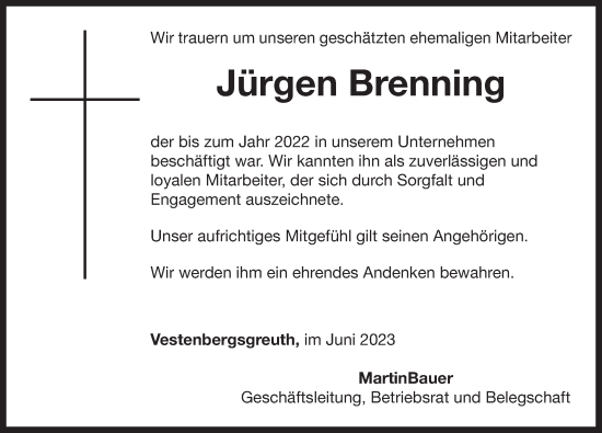 Traueranzeige von Jürgen Brenning von Neustadt/ Scheinfeld/ Uffenheim