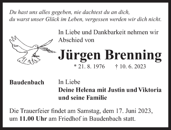 Traueranzeige von Jürgen Brenning von Neustadt/ Scheinfeld/ Uffenheim