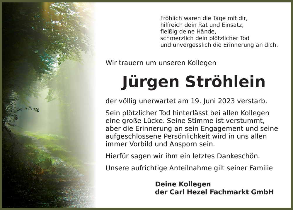  Traueranzeige für Jürgen Ströhlein vom 23.06.2023 aus GE