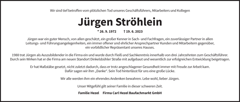  Traueranzeige für Jürgen Ströhlein vom 23.06.2023 aus GE