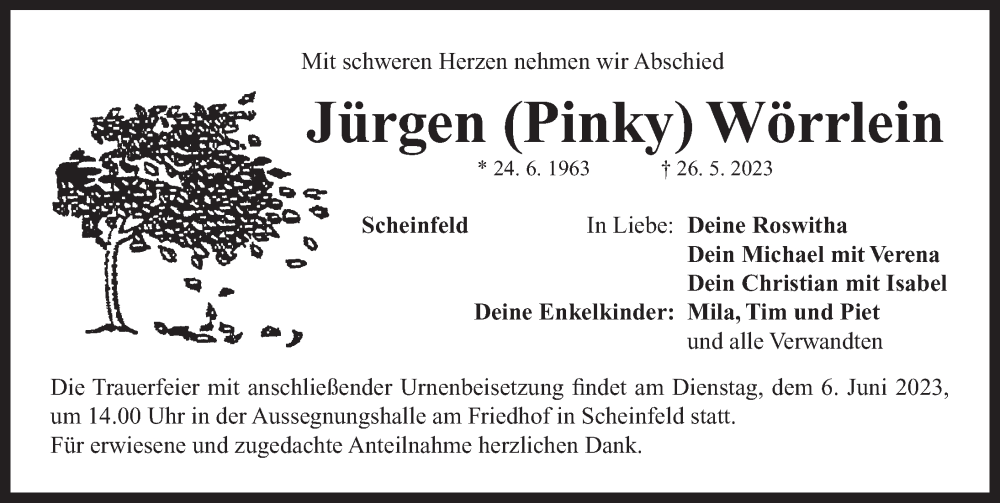  Traueranzeige für Jürgen  Wörrlein vom 03.06.2023 aus Neustadt/ Scheinfeld/ Uffenheim