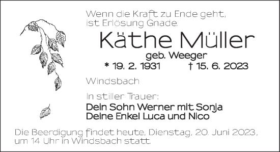 Traueranzeige von Käthe Müller von Ansbach