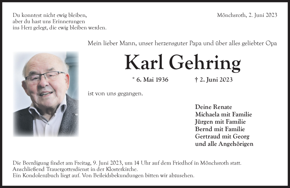  Traueranzeige für Karl Gehring vom 07.06.2023 aus Dinkelsbühl/ Feuchtwangen