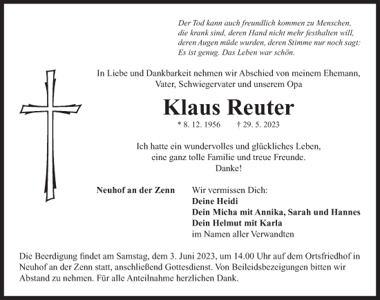 Traueranzeige von Klaus Reuter von Neustadt/ Scheinfeld/ Uffenheim
