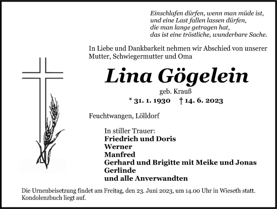 Traueranzeige von Lina Gögelein von Ansbach