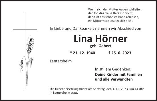 Traueranzeige von Lina Hörner von Dinkelsbühl/ Feuchtwangen