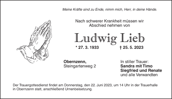 Traueranzeige von Ludwig Lieb von Neustadt/ Scheinfeld/ Uffenheim