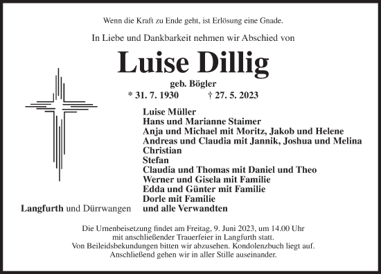 Traueranzeige von Luise Dillig von Dinkelsbühl/ Feuchtwangen