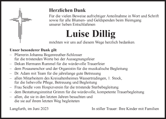 Traueranzeige von Luise Dillig von Dinkelsbühl/ Feuchtwangen