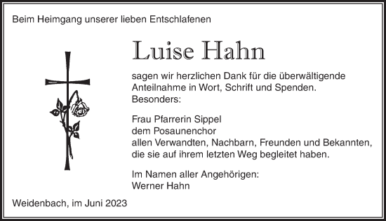 Traueranzeige von Luise Hahn von Ansbach