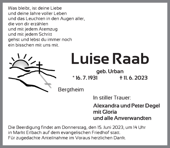 Traueranzeige von Luise Raab von Neustadt/ Scheinfeld/ Uffenheim