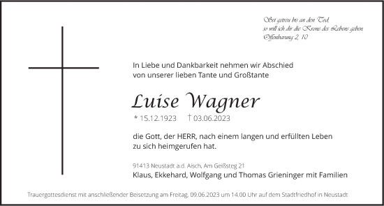 Traueranzeige von Luise Wagner von Neustadt/ Scheinfeld/ Uffenheim