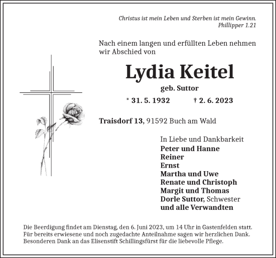 Traueranzeige von Lydia Keitel von Rothenburg