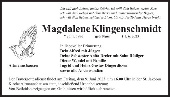 Traueranzeige von Magdalene Klingenschmidt von Neustadt/ Scheinfeld/ Uffenheim