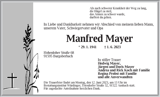 Traueranzeige von Manfred Mayer von Ansbach