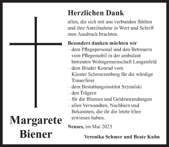 Traueranzeige von Margarete Biener von Neustadt/ Scheinfeld/ Uffenheim