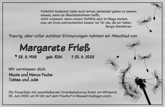 Traueranzeige von Margarete Frieß von Dinkelsbühl/ Feuchtwangen