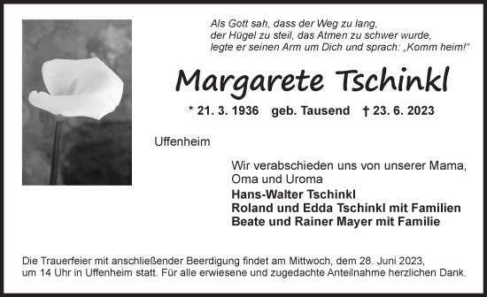 Traueranzeige von Margarete Tschinkl von Neustadt/ Scheinfeld/ Uffenheim