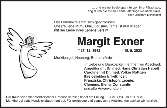 Traueranzeige von Margit Exner von Ansbach