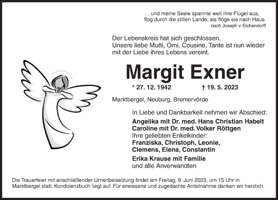 Traueranzeige von Margit Exner von Neustadt/ Scheinfeld/ Uffenheim