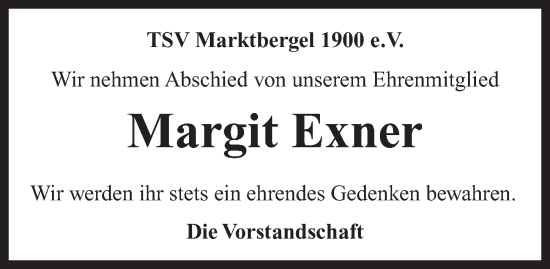 Traueranzeige von Margit Exner von Neustadt/ Scheinfeld/ Uffenheim