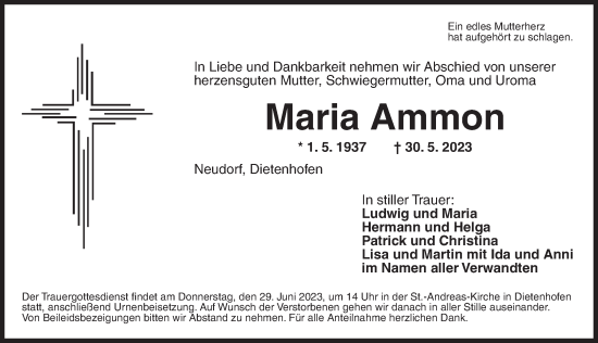 Traueranzeige von Maria Ammon von Ansbach