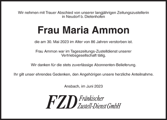 Traueranzeige von Maria Ammon von Ansbach