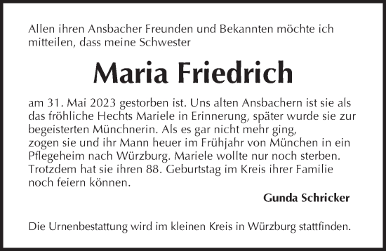 Traueranzeige von Maria Friedrich von Ansbach