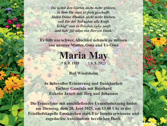 Traueranzeige von Maria May von Neustadt/ Scheinfeld/ Uffenheim
