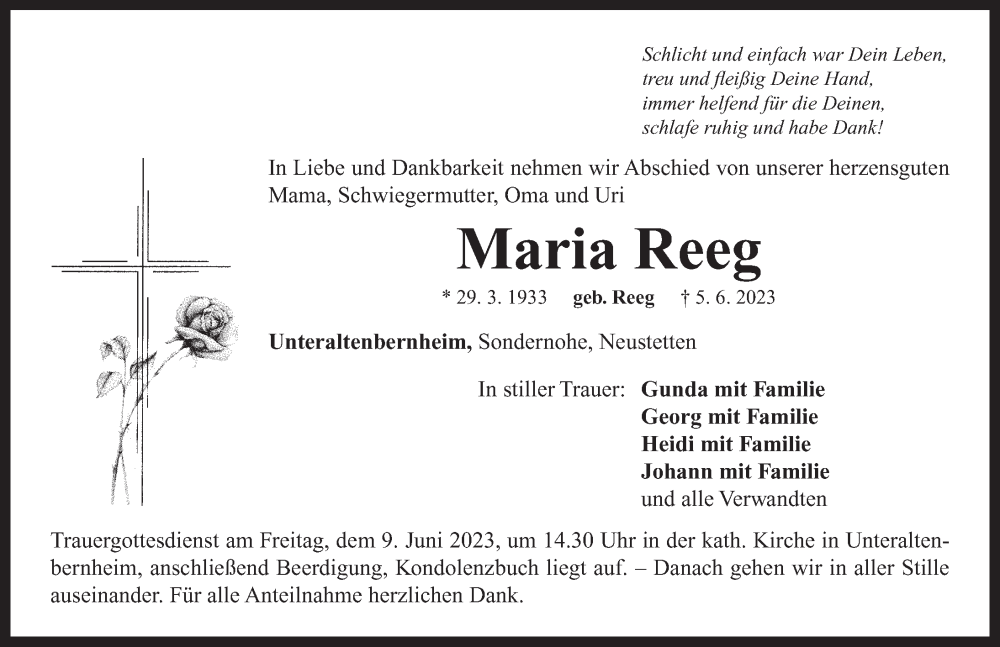  Traueranzeige für Maria Reeg vom 07.06.2023 aus Neustadt/ Scheinfeld/ Uffenheim