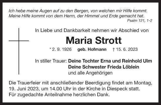 Traueranzeige von Maria Strott von Neustadt/ Scheinfeld/ Uffenheim
