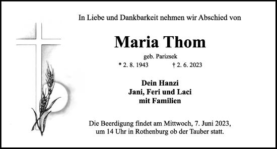 Traueranzeige von Maria Thom von Rothenburg