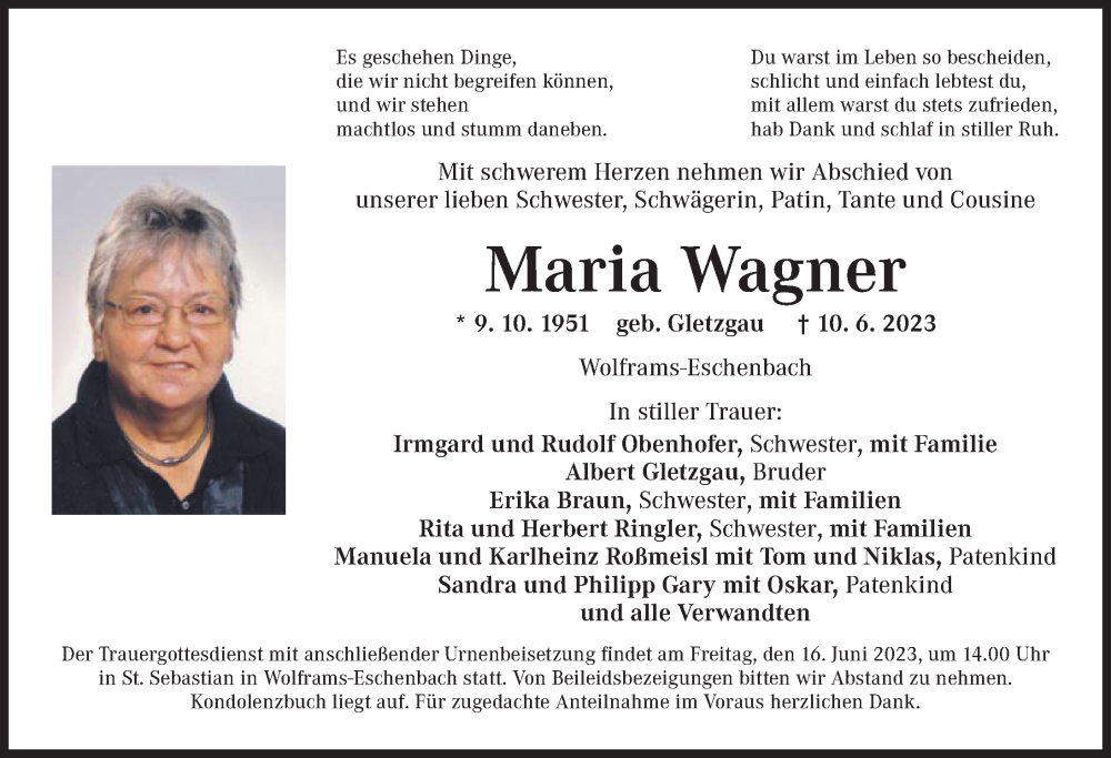  Traueranzeige für Maria Wagner vom 14.06.2023 aus Ansbach