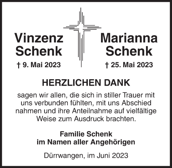 Traueranzeige von Marianna Schenk von Dinkelsbühl/ Feuchtwangen