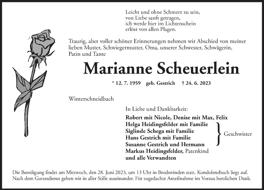  Traueranzeige für Marianne Scheuerlein vom 27.06.2023 aus Ansbach