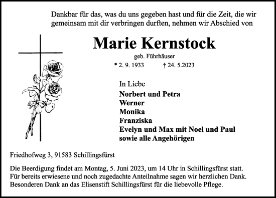 Traueranzeige von Marie Kernstock von Rothenburg