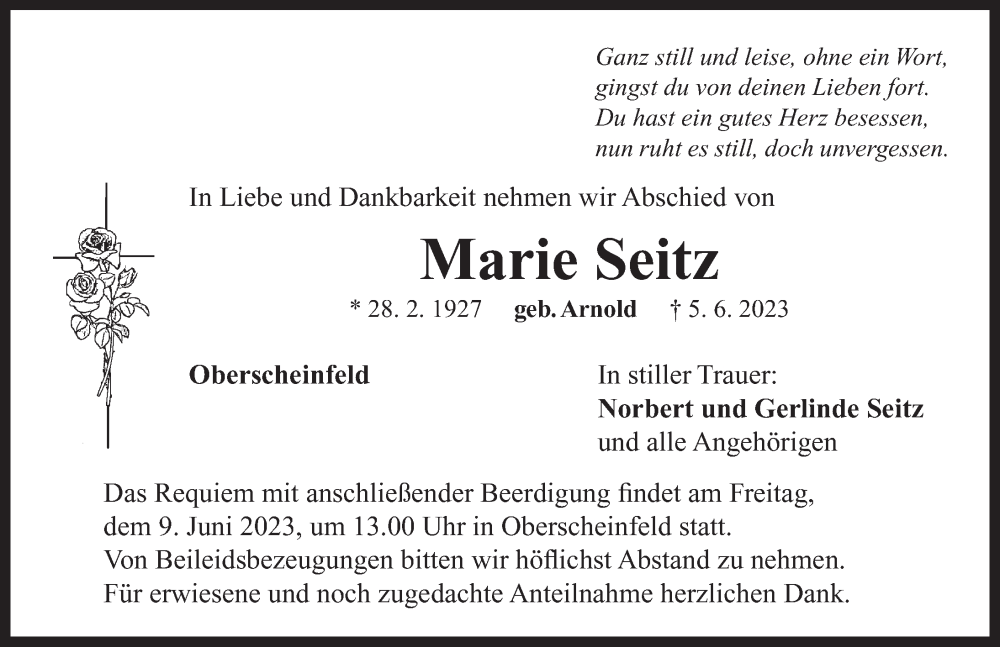  Traueranzeige für Marie Seitz vom 07.06.2023 aus Neustadt/ Scheinfeld/ Uffenheim