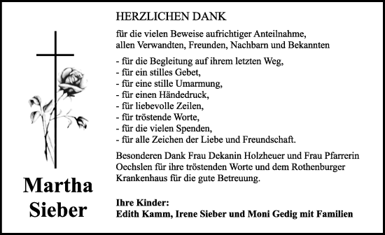 Traueranzeige von Martha Sieber von Rothenburg
