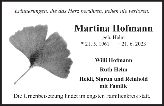 Traueranzeige von Martina Hofmann von Neustadt/ Scheinfeld/ Uffenheim