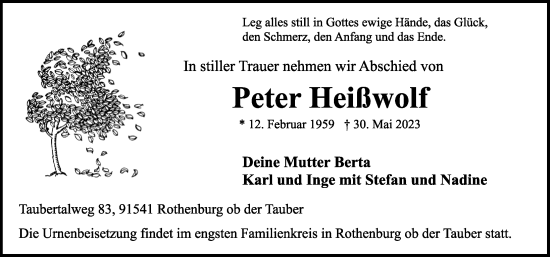 Traueranzeige von Peter Heißwolf von Rothenburg